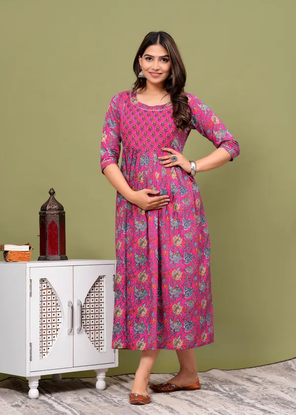 Dark_Pink_Maternity_Feeding_Kurti_For_Women_|_Cotton_Blend_Anarkali_Dress_With_Nursing_Zip_For_Pre_&_Post_Pregnancy