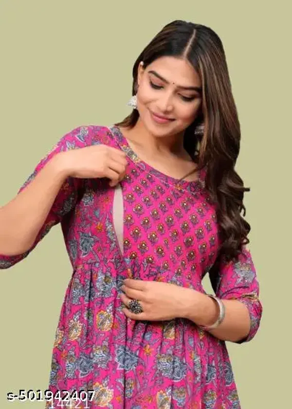 Dark_Pink_Maternity_Feeding_Kurti_For_Women_|_Cotton_Blend_Anarkali_Dress_With_Nursing_Zip_For_Pre_&_Post_Pregnancy