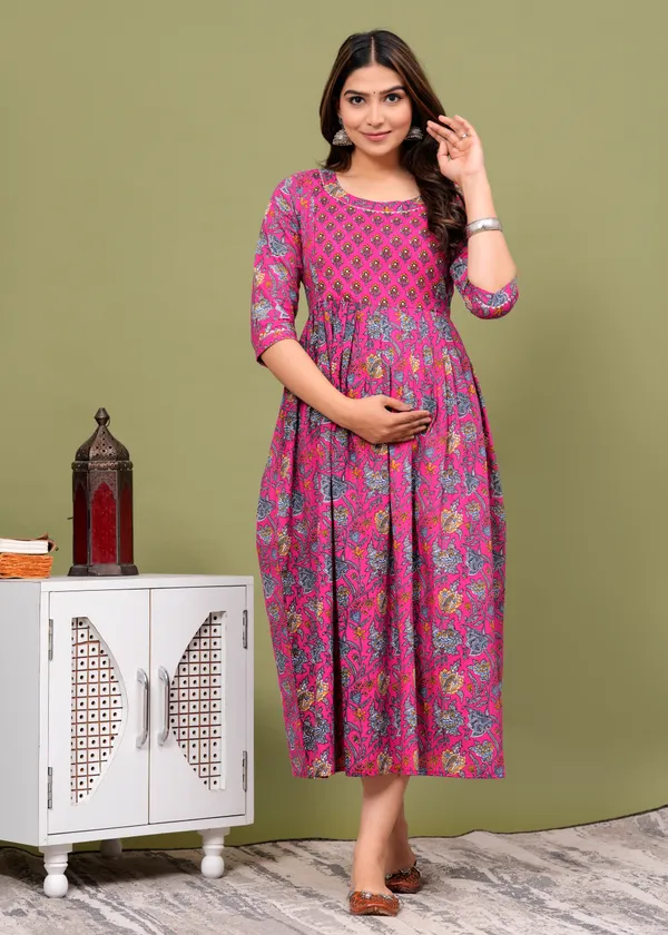 Dark_Pink_Maternity_Feeding_Kurti_For_Women_|_Cotton_Blend_Anarkali_Dress_With_Nursing_Zip_For_Pre_&_Post_Pregnancy