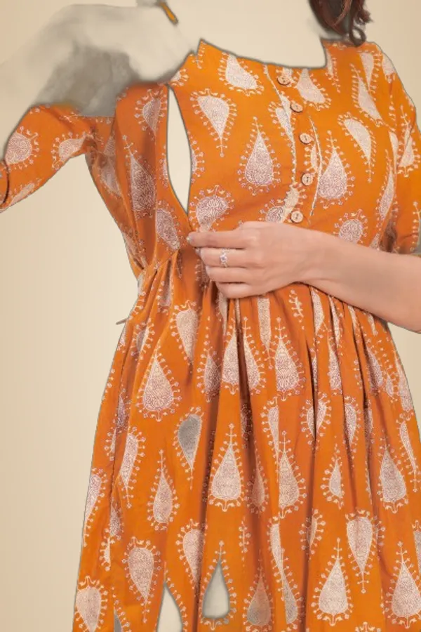 Orange_Maternity_Feeding_Kurti_For_Women_|_Cotton_Blend_Anarkali_Dress_With_Nursing_Zip_For_Pre_&_Post_Pregnancy