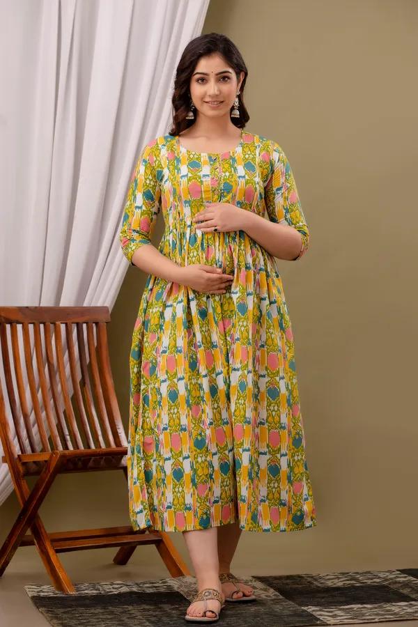 Yellow_Maternity_Feeding_Kurti_For_Women_|_Cotton_Blend_Anarkali_Dress_With_Nursing_Zip_For_Pre_&_Post_Pregnancy