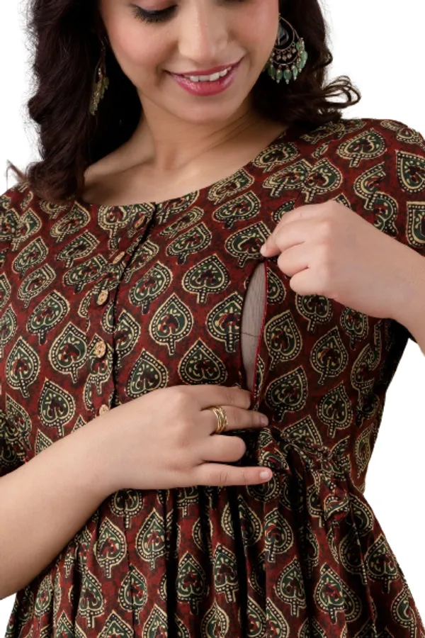 Maroon_Maternity_Feeding_Kurti_For_Women_|_Cotton_Blend_Anarkali_Dress_With_Nursing_Zip_For_Pre_&_Post_Pregnancy