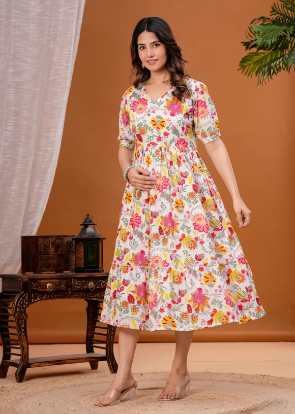 White_Flower_Maternity_Feeding_Kurti_For_Women_|_Cotton_Blend_Anarkali_Dress_With_Nursing_Zip_For_Pre_&_Post_Pregnancy