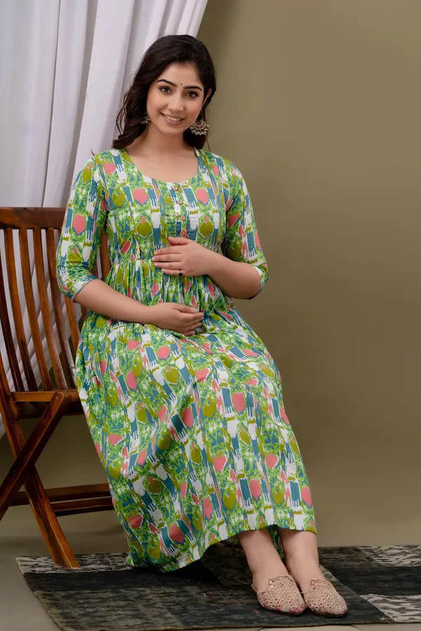 Light_Green_Maternity_Feeding_Kurti_For_Women_|_Cotton_Blend_Anarkali_Dress_With_Nursing_Zip_For_Pre_&_Post_Pregnancy