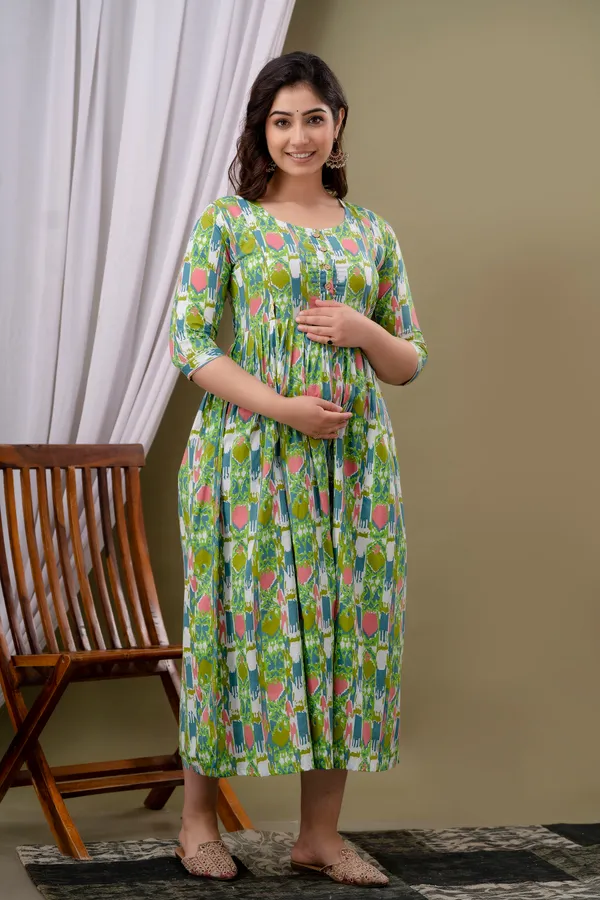 Light_Green_Maternity_Feeding_Kurti_For_Women_|_Cotton_Blend_Anarkali_Dress_With_Nursing_Zip_For_Pre_&_Post_Pregnancy