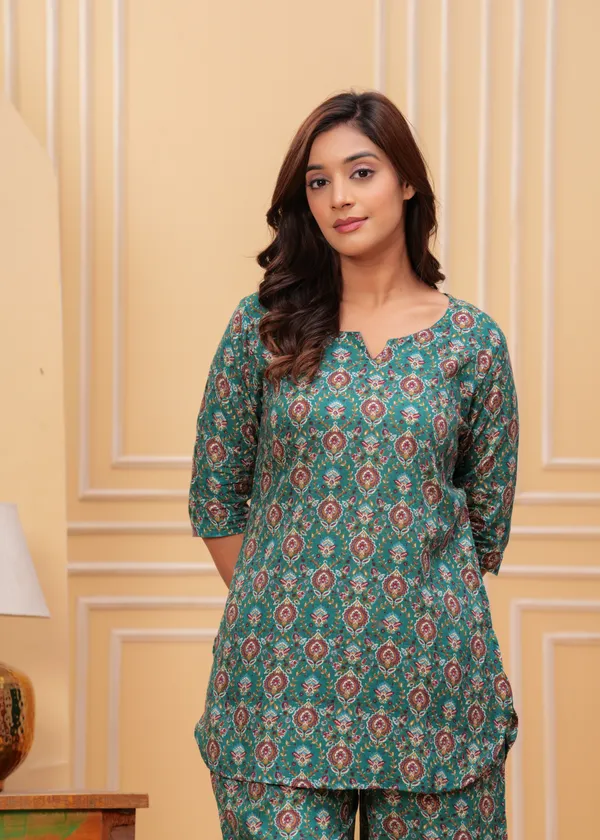 Green_Cotton_Printed_Co-Ord_Set_Kurta_With_Pant_Set_For_Women