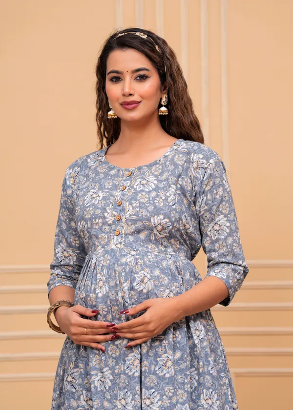 Gray_Maternity_Feeding_Kurti_For_Women_|_Cotton_Blend_Anarkali_Dress_With_Nursing_Zip_For_Pre_&_Post_Pregnancy