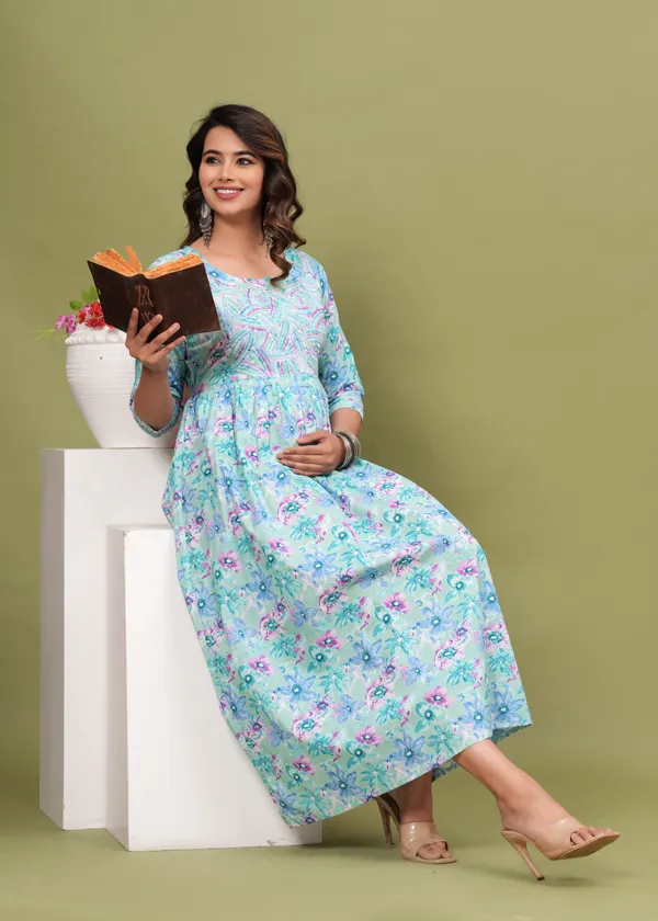 Light_Aqua_Blue_Maternity_Feeding_Kurti_For_Women_|_Cotton_Blend_Anarkali_Dress_With_Nursing_Zip_For_Pre_&_Post_Pregnancy