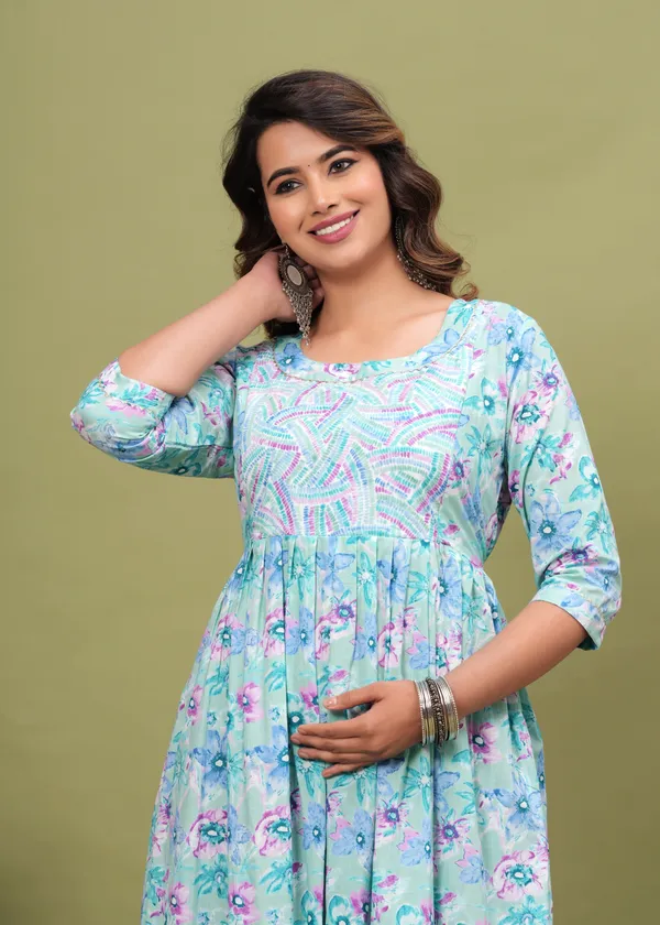 Light_Aqua_Blue_Maternity_Feeding_Kurti_For_Women_|_Cotton_Blend_Anarkali_Dress_With_Nursing_Zip_For_Pre_&_Post_Pregnancy