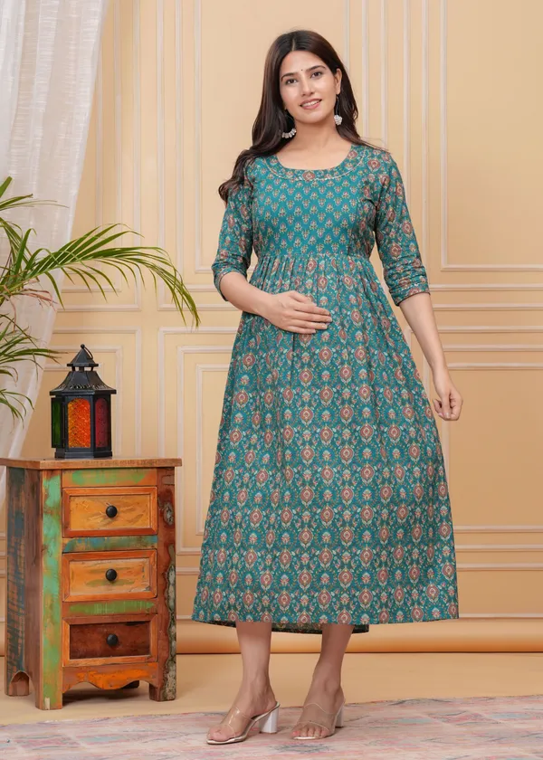 Green_Maternity_Feeding_Kurti_For_Women_|_Cotton_Blend_Anarkali_Dress_With_Nursing_Zip_For_Pre_&_Post_Pregnancy