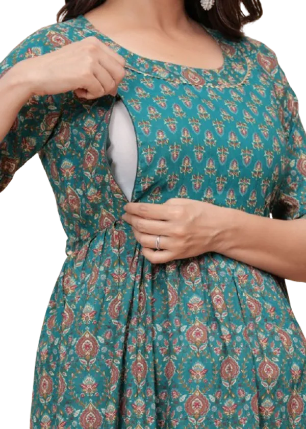 Green_Maternity_Feeding_Kurti_For_Women_|_Cotton_Blend_Anarkali_Dress_With_Nursing_Zip_For_Pre_&_Post_Pregnancy