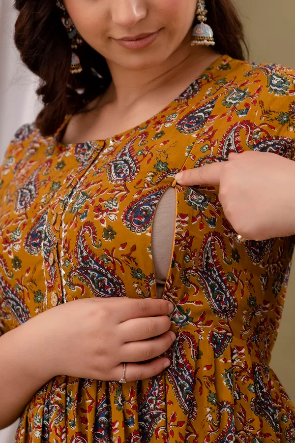 Mustard_Maternity_Feeding_Kurti_For_Women_|_Cotton_Blend_Anarkali_Dress_With_Nursing_Zip_For_Pre_&_Post_Pregnancy