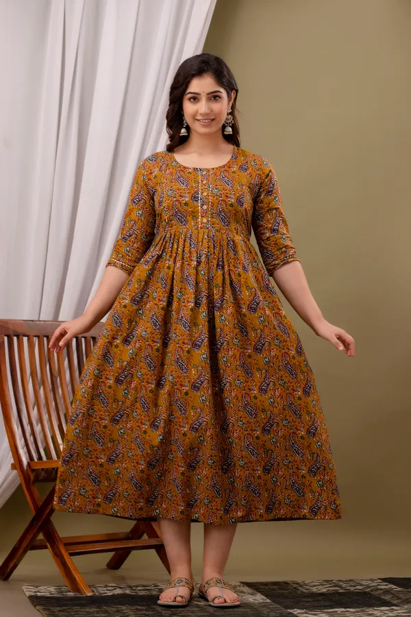 Mustard_Maternity_Feeding_Kurti_For_Women_|_Cotton_Blend_Anarkali_Dress_With_Nursing_Zip_For_Pre_&_Post_Pregnancy