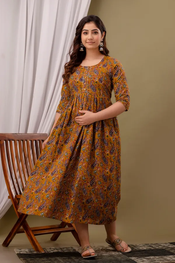 Mustard_Maternity_Feeding_Kurti_For_Women_|_Cotton_Blend_Anarkali_Dress_With_Nursing_Zip_For_Pre_&_Post_Pregnancy