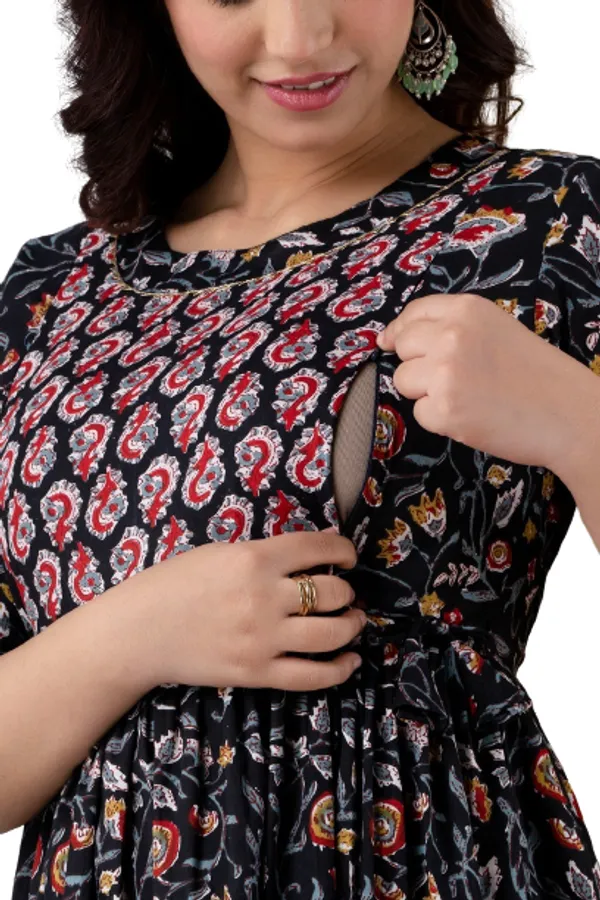 Black_Maternity_Feeding_Kurti_For_Women_|_Cotton_Blend_Anarkali_Dress_With_Nursing_Zip_For_Pre_&_Post_Pregnancy