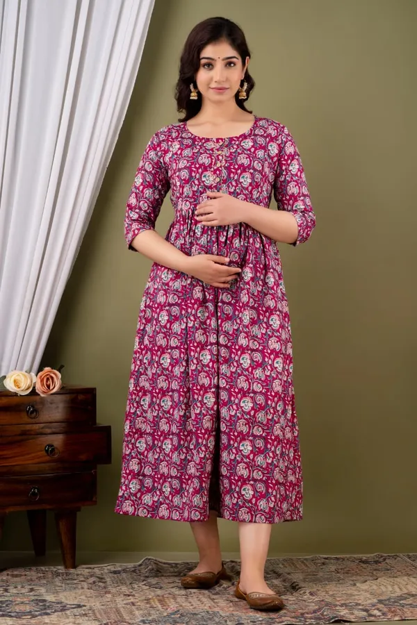 Pink_Maternity_Feeding_Kurti_For_Women_|_Cotton_Blend_Anarkali_Dress_With_Nursing_Zip_For_Pre_&_Post_Pregnancy