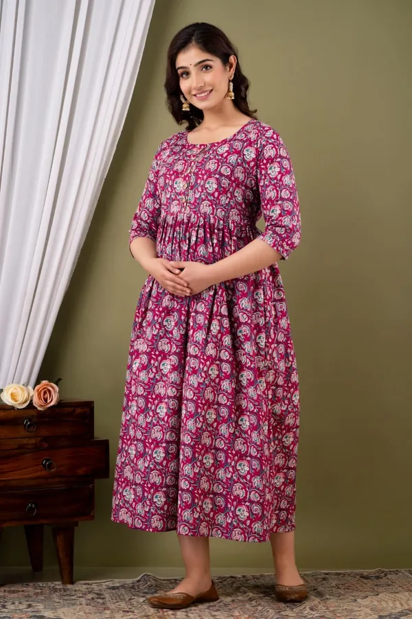 Pink_Maternity_Feeding_Kurti_For_Women_|_Cotton_Blend_Anarkali_Dress_With_Nursing_Zip_For_Pre_&_Post_Pregnancy
