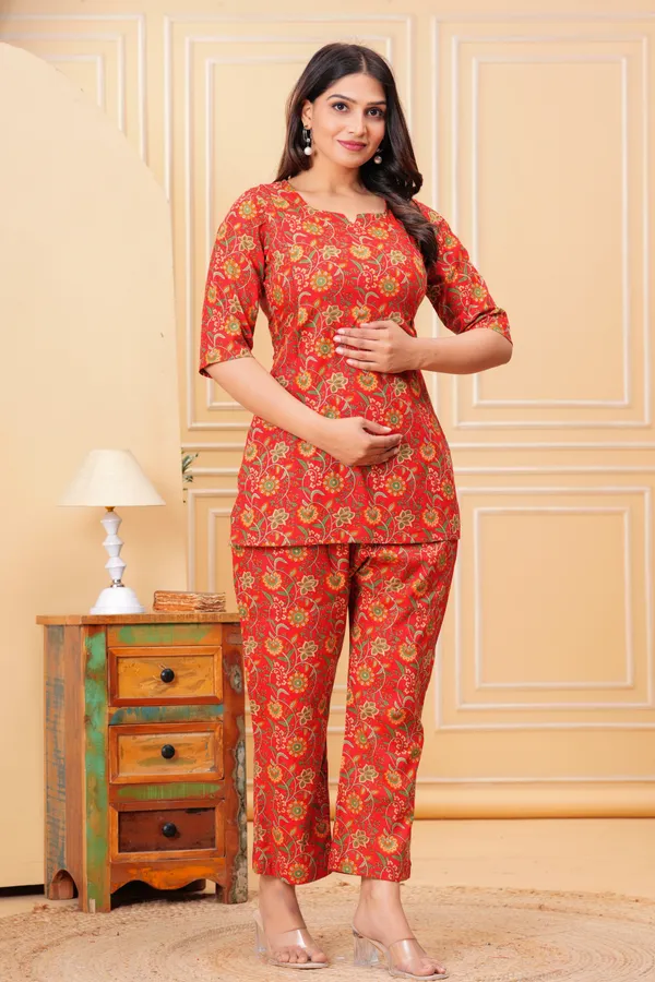Red_Cotton_Printed_Co-Ord_Set_Kurta_With_Pant_Set_For_Women_|_Cotton_Floral_Printed_Anarkali_Maternity_Feeding_Kurta_With_Zipper/Maternity