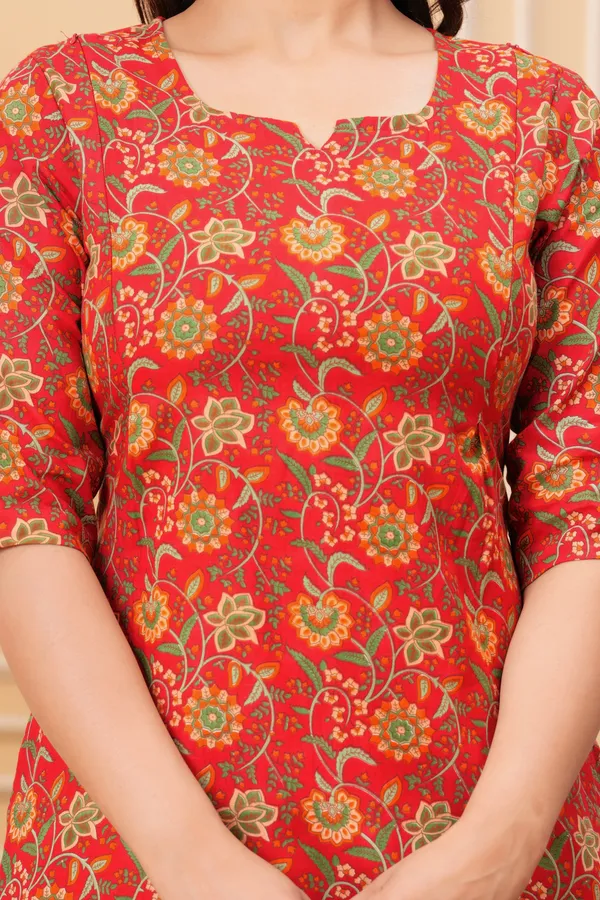 Red_Cotton_Printed_Co-Ord_Set_Kurta_With_Pant_Set_For_Women_|_Cotton_Floral_Printed_Anarkali_Maternity_Feeding_Kurta_With_Zipper/Maternity