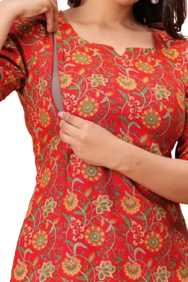 Red_Cotton_Printed_Co-Ord_Set_Kurta_With_Pant_Set_For_Women_|_Cotton_Floral_Printed_Anarkali_Maternity_Feeding_Kurta_With_Zipper/Maternity
