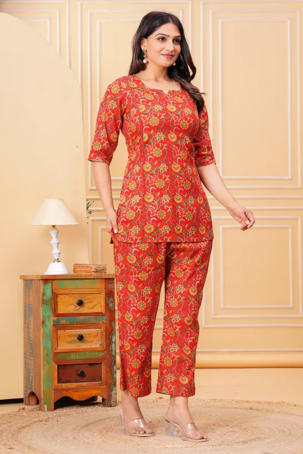 Red_Cotton_Printed_Co-Ord_Set_Kurta_With_Pant_Set_For_Women_|_Cotton_Floral_Printed_Anarkali_Maternity_Feeding_Kurta_With_Zipper/Maternity