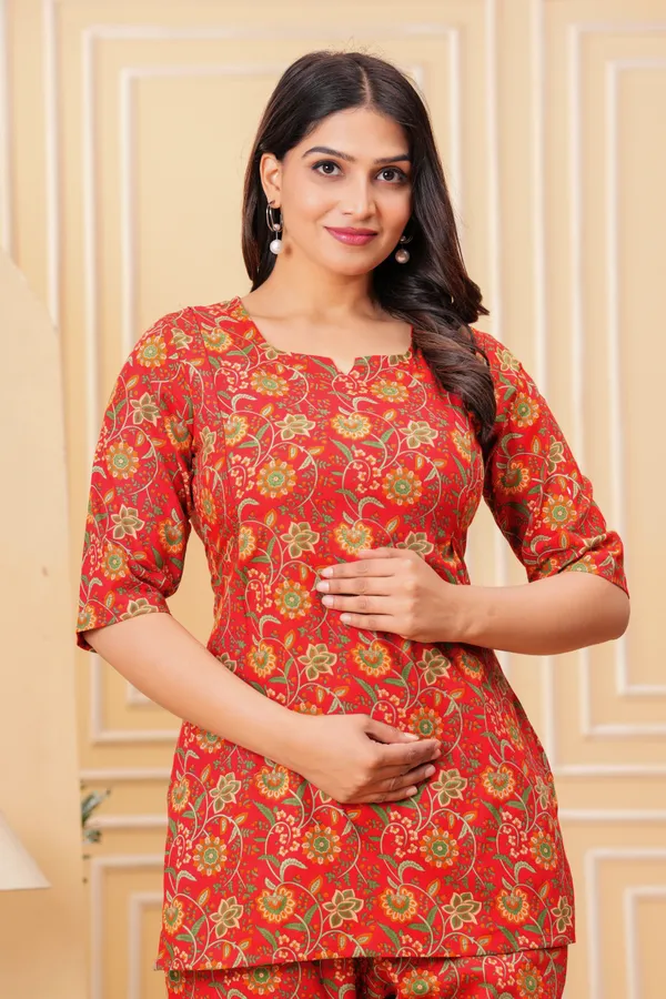 Red_Cotton_Printed_Co-Ord_Set_Kurta_With_Pant_Set_For_Women_|_Cotton_Floral_Printed_Anarkali_Maternity_Feeding_Kurta_With_Zipper/Maternity