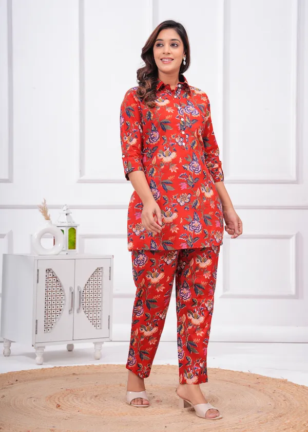 Deep_Carmine_Pink_Collar_Pure_Cotton_Printed_Co-Ords_Set_For_Women