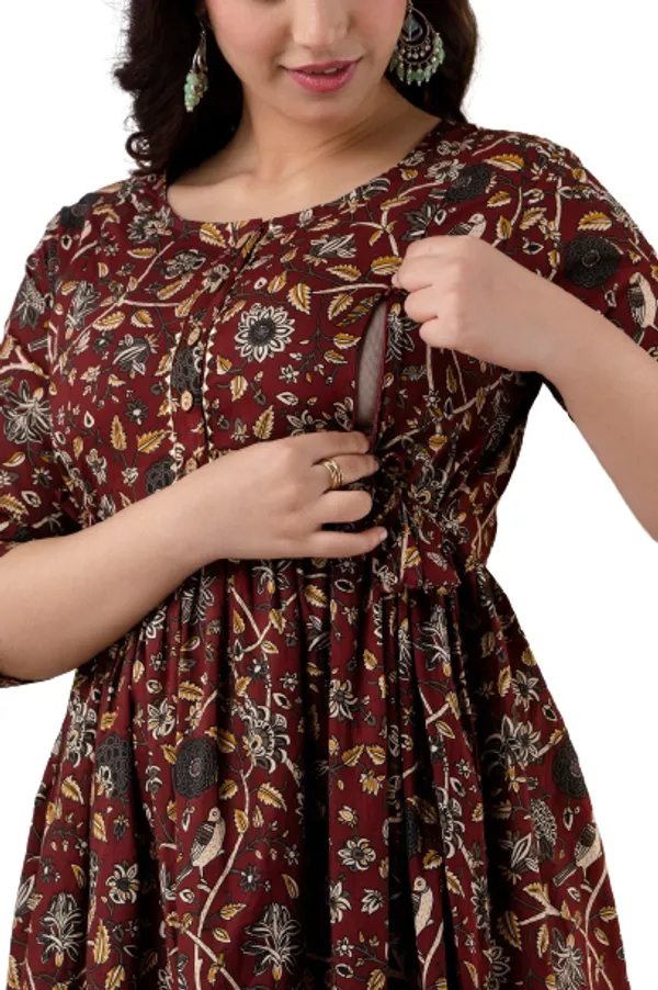 Maroon_Maternity_Feeding_Kurti_For_Women_|_Cotton_Blend_Anarkali_Dress_With_Nursing_Zip_For_Pre_&_Post_Pregnancy