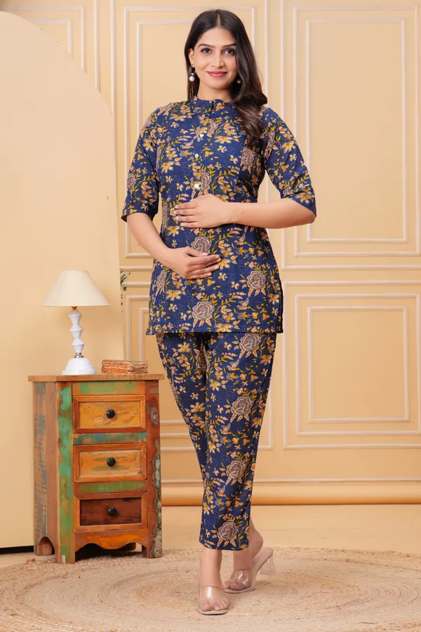 Blue_Gold_Cotton_Printed_Co-Ord_Set_Kurta_With_Pant_Set_For_Women_|_Cotton_Floral_Printed_Anarkali_Maternity_Feeding_Kurta_With_Zipper/Maternity