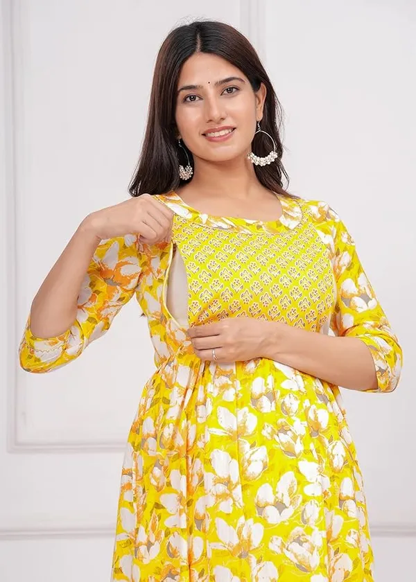 Yellow_Maternity_Feeding_Kurti_For_Women_|_Cotton_Blend_Anarkali_Dress_With_Nursing_Zip_For_Pre_&_Post_Pregnancy