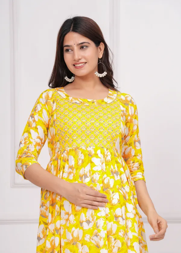 Yellow_Maternity_Feeding_Kurti_For_Women_|_Cotton_Blend_Anarkali_Dress_With_Nursing_Zip_For_Pre_&_Post_Pregnancy