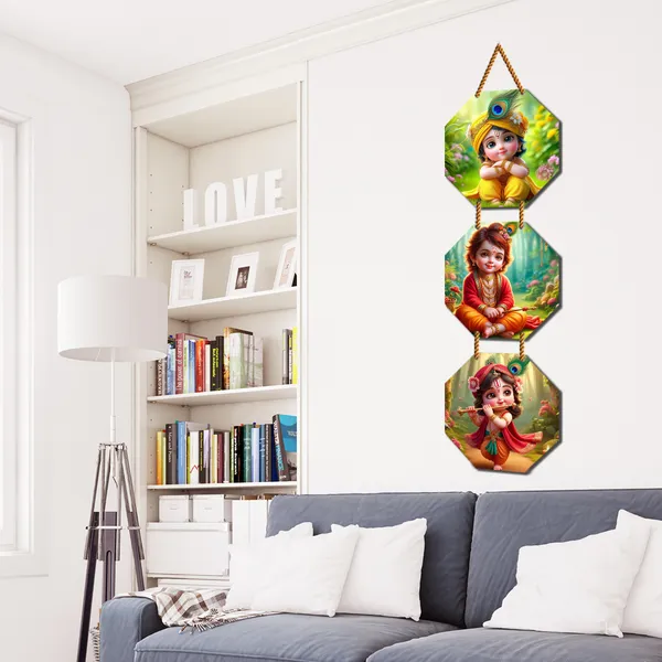 Baby_Krishna_Wall_Hangings_For_Home_Decoration_&_For_Mandir_Decoration_3_Pcs_Hexagon_Wall_Hang_With_Golden_Glitter_Rope_(90X20)Cm