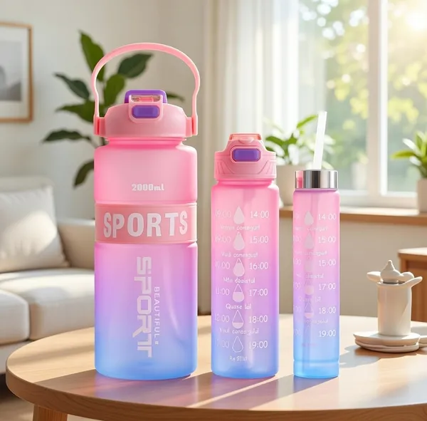 GR8INDIA®_Supercool_3-in-1_Water_Bottle_Set,_2000ML_+_900_ML_+_300_ML_Assorted_Bottles,_Leakproof_Reusable_Drinking_Bottles_with_Multi-Lid_Options,_Durable_Sports/Gym/Travel_Bottle