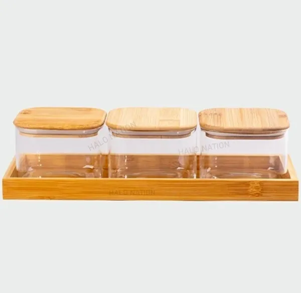 GR8_INDIA_3_Pcs_Square_Clear_High_Borosilicate_Glass_Jar_Set_With_Wood_Tray,_500ml_Airtight_Glass_Container_Serving_Tray_Set