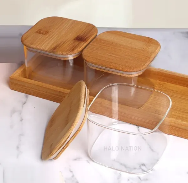 GR8_INDIA_3_Pcs_Square_Clear_High_Borosilicate_Glass_Jar_Set_With_Wood_Tray,_500ml_Airtight_Glass_Container_Serving_Tray_Set