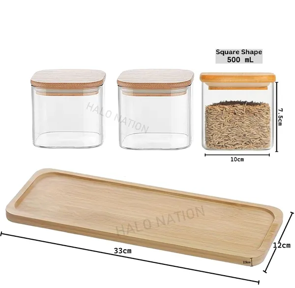 GR8_INDIA_3_Pcs_Square_Clear_High_Borosilicate_Glass_Jar_Set_With_Wood_Tray,_500ml_Airtight_Glass_Container_Serving_Tray_Set