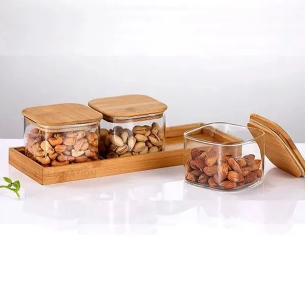 GR8_INDIA_3_Pcs_Square_Clear_High_Borosilicate_Glass_Jar_Set_With_Wood_Tray,_500ml_Airtight_Glass_Container_Serving_Tray_Set
