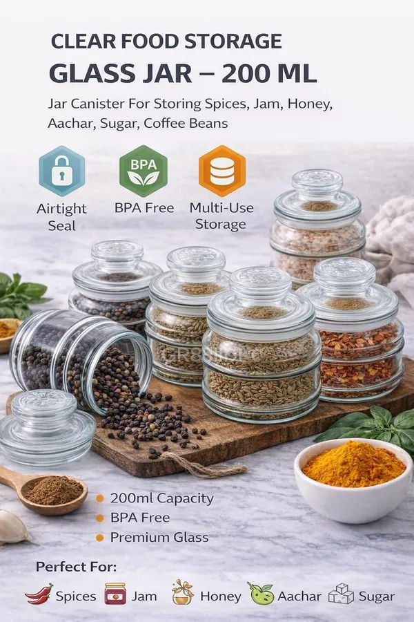 GR8INDIA®_Glass_Storage_Jar_Set_of_6_|_200ml_Airtight_Transparent_Canisters_with_Lid_|_Spice,_Sugar,_Coffee,_Jam,_Honey_&_Pickle_Jar_|_BPA_Free_Premium_Glass