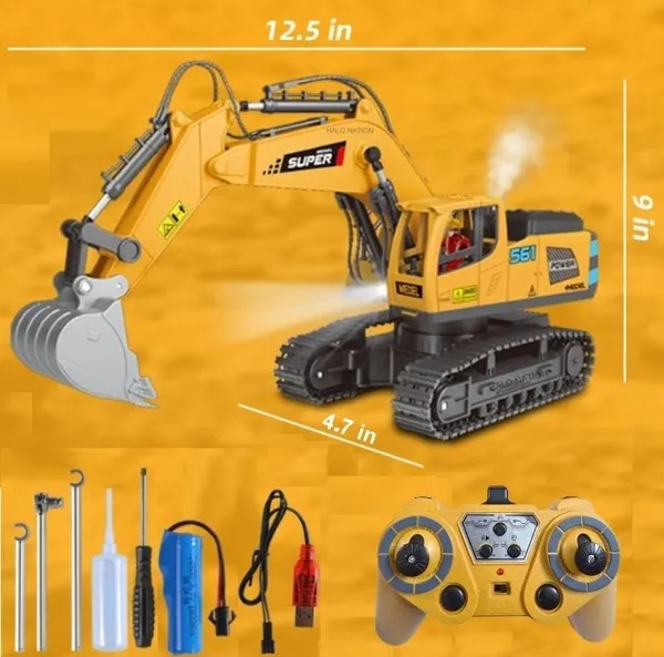 HALO_NATION®_RC_Excavator_1:18_Scale_9_Channel_Remote_Control_Construction_Vehicle_with_Light_&_360�_Rotation_Shovel,_Digger_Truck_with_Smoke_Effect_&_Rechargeable_Battery_Truck