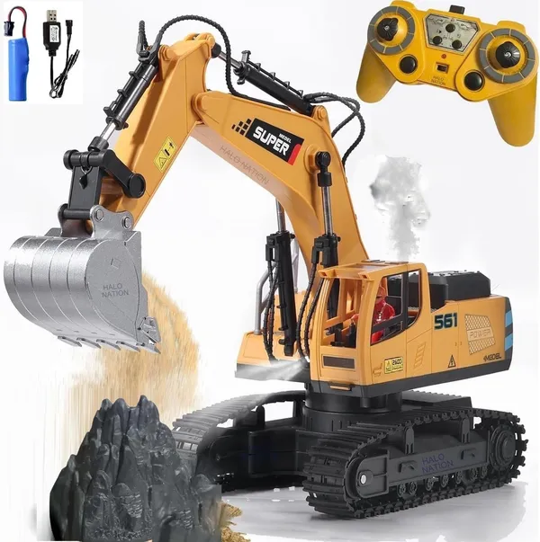HALO_NATION®_RC_Excavator_1:18_Scale_9_Channel_Remote_Control_Construction_Vehicle_with_Light_&_360�_Rotation_Shovel,_Digger_Truck_with_Smoke_Effect_&_Rechargeable_Battery_Truck