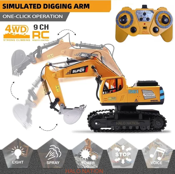 HALO_NATION®_RC_Excavator_1:18_Scale_9_Channel_Remote_Control_Construction_Vehicle_with_Light_&_360�_Rotation_Shovel,_Digger_Truck_with_Smoke_Effect_&_Rechargeable_Battery_Truck