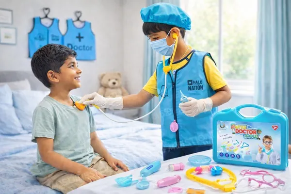 HALONATION_®_Doctor_Pretend_Play_Kit_for_Kids_|_Dress-Up_Jacket,_Cap,_Mask,_Gloves_and_Foldable_Suitcase_Tool_kit_with_7_Pretend_Tools,_(3�12_Yrs)