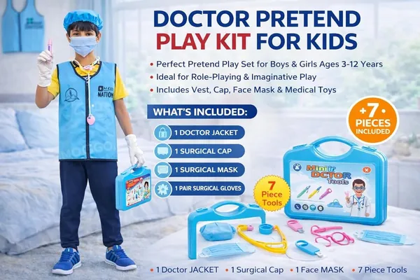 HALONATION_®_Doctor_Pretend_Play_Kit_for_Kids_|_Dress-Up_Jacket,_Cap,_Mask,_Gloves_and_Foldable_Suitcase_Tool_kit_with_7_Pretend_Tools,_(3�12_Yrs)