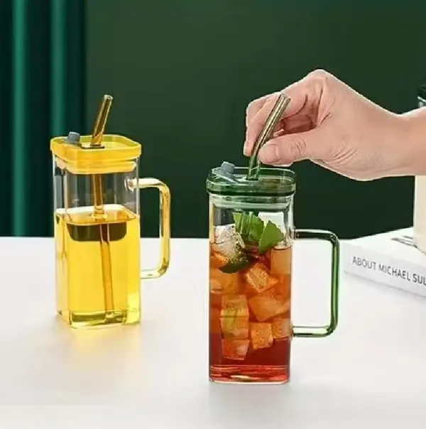 GR8INDIA_Square_Glass_Drinking_Mug_Cup_Sipper_Mason_Jar_with_Straw_400_ML_with_Colored_Handle_&_Lid_for_Coffee_Juice_Milk_Hot_n_Cold_Drink_Cup_-_Set_of_2