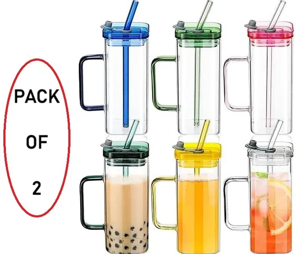 GR8INDIA_Square_Glass_Drinking_Mug_Cup_Sipper_Mason_Jar_with_Straw_400_ML_with_Colored_Handle_&_Lid_for_Coffee_Juice_Milk_Hot_n_Cold_Drink_Cup_-_Set_of_2