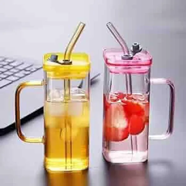 GR8INDIA_Square_Glass_Drinking_Mug_Cup_Sipper_Mason_Jar_with_Straw_400_ML_with_Colored_Handle_&_Lid_for_Coffee_Juice_Milk_Hot_n_Cold_Drink_Cup_-_Set_of_2