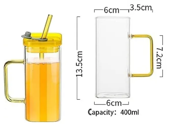 GR8INDIA®_Square_Glass_Drinking_Mug_Cup_Sipper_Mason_Jar_with_Straw_400_ML_with_Colored_Handle_&_Lid_for_Coffee_Juice_Milk_Hot_n_Cold_Drink_Cup_-_Set_of_4