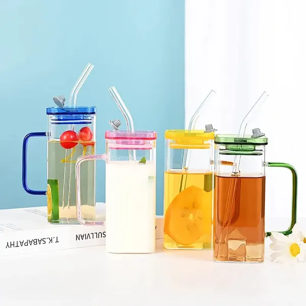 GR8INDIA®_Square_Glass_Drinking_Mug_Cup_Sipper_Mason_Jar_with_Straw_400_ML_with_Colored_Handle_&_Lid_for_Coffee_Juice_Milk_Hot_n_Cold_Drink_Cup_-_Set_of_4