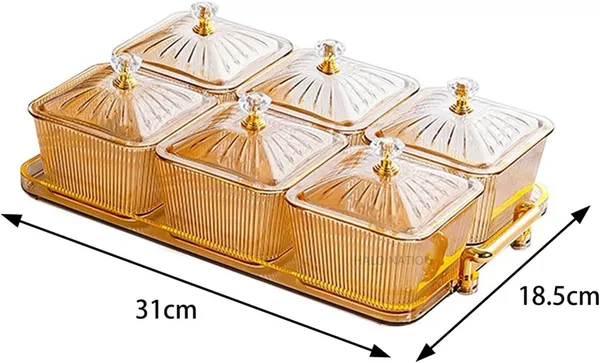 GR8INDIA®_Snacks_Serving_Tray_Set,_6_Serving_Bowls_with_Lids_-_Divided_Serving_Dishes_Snack_Bowls_for_Dry_Fruits,_Namkeen,_Candy,_Condiments_|_Food_Grade_Plastic_Bowls_Over_Metal_Wire_Tray_PTY12