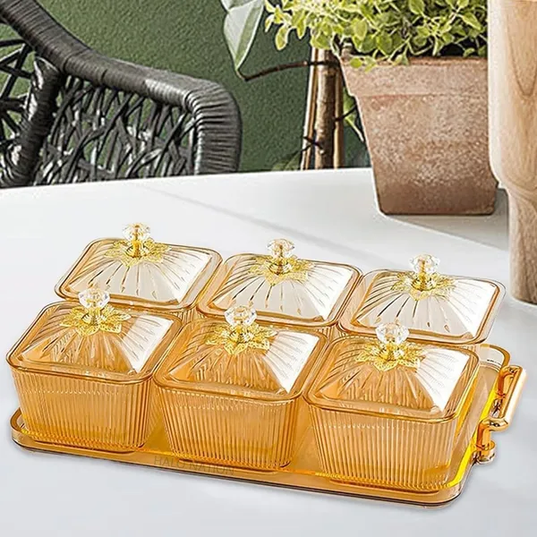 GR8INDIA®_Snacks_Serving_Tray_Set,_6_Serving_Bowls_with_Lids_-_Divided_Serving_Dishes_Snack_Bowls_for_Dry_Fruits,_Namkeen,_Candy,_Condiments_|_Food_Grade_Plastic_Bowls_Over_Metal_Wire_Tray_PTY12